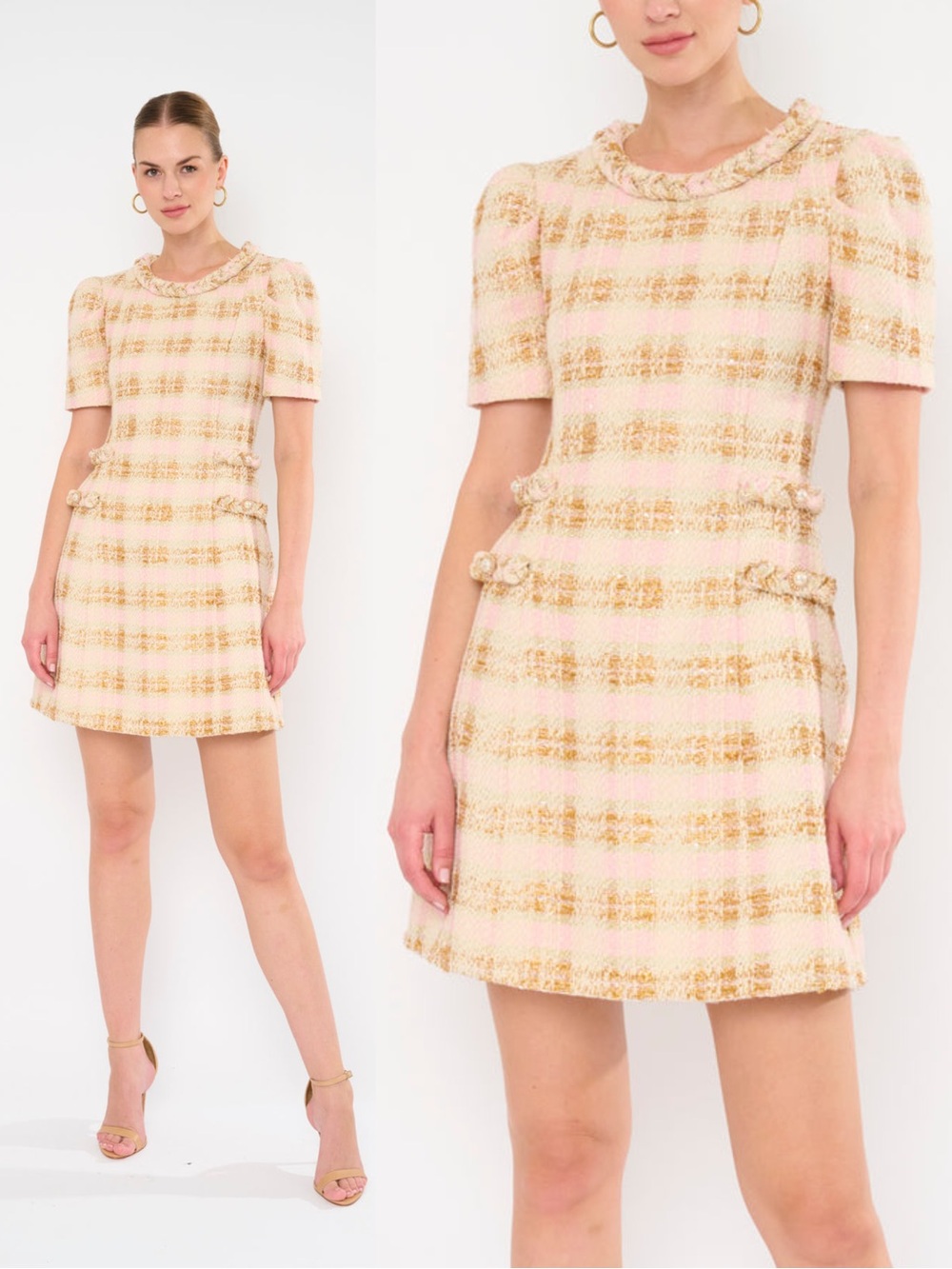 Flora Bea NYC Primrose Tweed Mini Dress Pink Gold Metallic Pearl NWT Small
